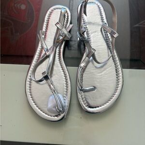 Silver Metallic Strappy Sandals Ankle Strap Flat Summer Shoes Size 10